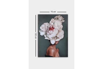 Lerretsbilde - Portrett av en kvinne med en stor krans av hvite peoner som dekker hodet - Hvit / Mørkegrønn / Rosa - Innredning - Bilder & kunst - Lerretsbilder