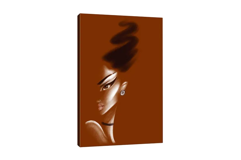 Lerretsbilde - Portrett av en kvinne med stiliserte ansiktstrekk og en elegant frisyre, Mørk brun / Beige / Svart
