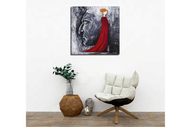 Lerretsbilde - Portrett av en kvinne i en rød kjole med en stor ansiktsprofil i grått i bakgrunnen - Rød / Grå / Svart - Innredning - Bilder & kunst - Lerretsbilder