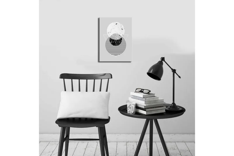 Lite lerretsbilde 28x38 cm - Abstrakt komposisjon med sirkler og trekanter - Svart / Hvit / Grå - Innredning - Bilder & kunst - Lerretsbilder