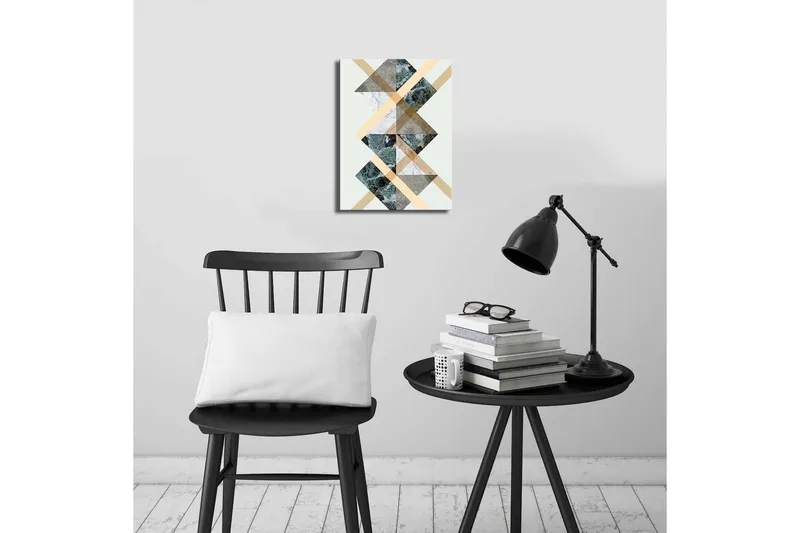 Lite lerretsbilde 28x38 cm - Geometrisk komposisjon med trekanter og diagonale linjer - Mørk grønn / Beige / Hvit - Innredning - Bilder & kunst - Lerretsbilder
