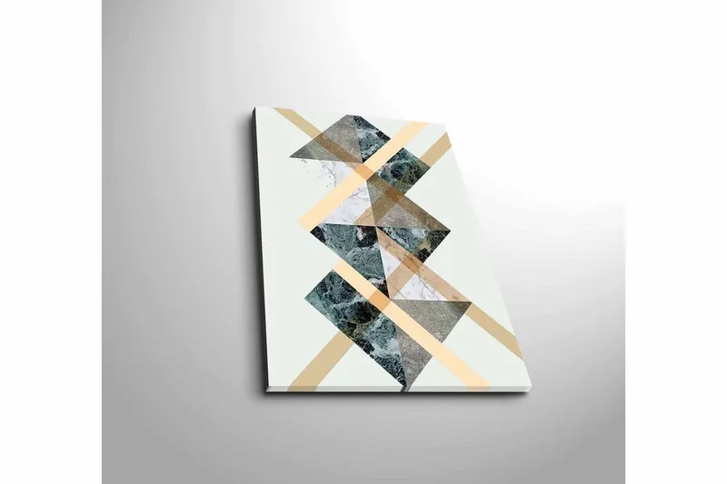 Lite lerretsbilde 28x38 cm - Geometrisk komposisjon med trekanter og diagonale linjer - Mørk grønn / Beige / Hvit - Innredning - Bilder & kunst - Lerretsbilder