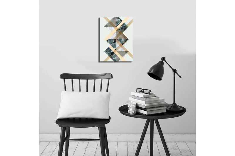 Lite lerretsbilde 28x38 cm - Geometrisk komposisjon med trekanter og diagonale linjer - Mørk grønn / Beige / Hvit - Innredning - Bilder & kunst - Lerretsbilder
