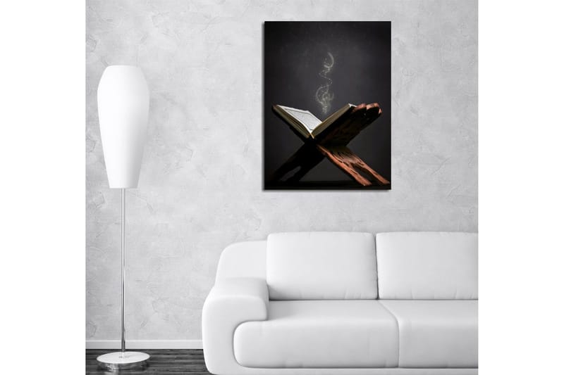 Lite lerretsbilde 30x40 cm - Åpen bok med flytende lyspartikler - Mørk brun / Gull / Svart - Innredning - Bilder & kunst - Lerretsbilder