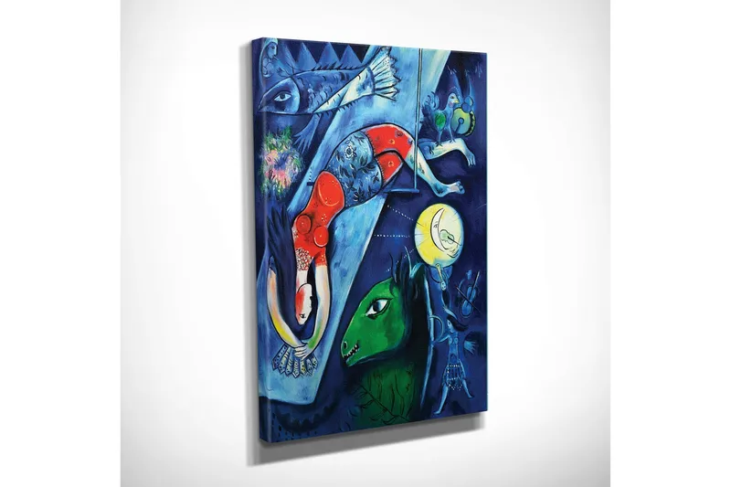 Lite lerretsbilde 30x40 cm - Abstrakt komposisjon med dyr og mennesker i et drømmeaktig miljø - Mørk blå / Rød / Grønn - Innredning - Bilder & kunst - Lerretsbilder