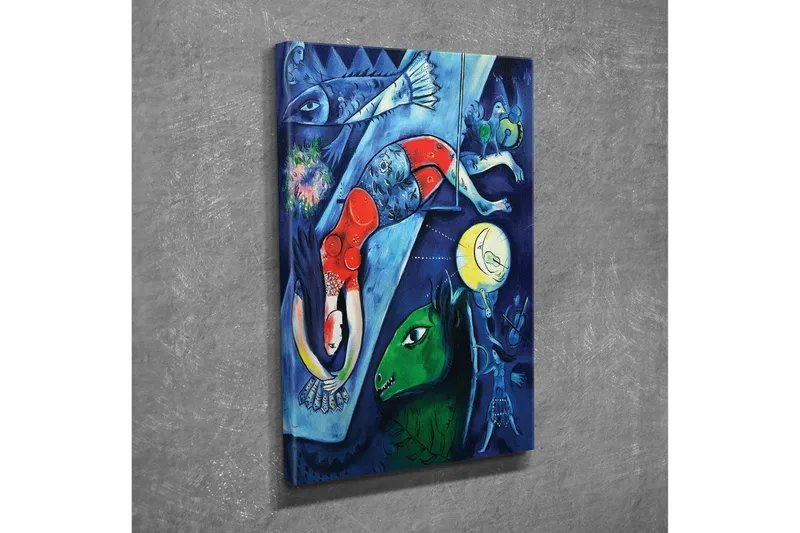 Lite lerretsbilde 30x40 cm - Abstrakt komposisjon med dyr og mennesker i et drømmeaktig miljø - Mørk blå / Rød / Grønn - Innredning - Bilder & kunst - Lerretsbilder