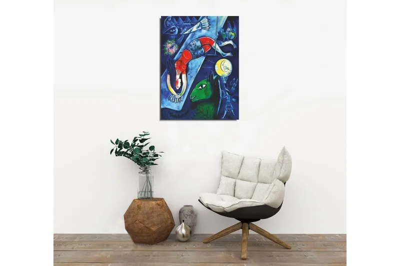 Lite lerretsbilde 30x40 cm - Abstrakt komposisjon med dyr og mennesker i et drømmeaktig miljø - Mørk blå / Rød / Grønn - Innredning - Bilder & kunst - Lerretsbilder