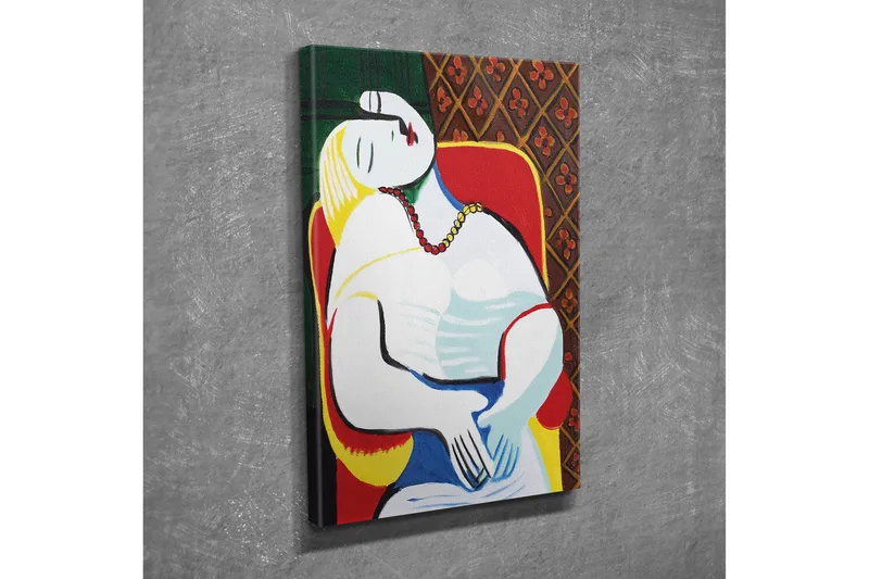 Lite lerretsbilde 30x40 cm - Avslappet kvinne i et fargerikt miljø - Rød / Gul / Grønn - Innredning - Bilder & kunst - Lerretsbilder