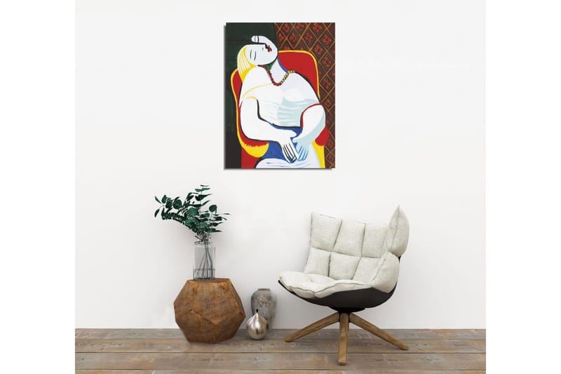 Lite lerretsbilde 30x40 cm - Avslappet kvinne i et fargerikt miljø - Rød / Gul / Grønn - Innredning - Bilder & kunst - Lerretsbilder
