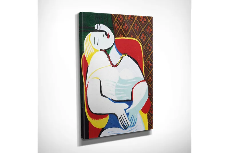 Lite lerretsbilde 30x40 cm - Avslappet kvinne i et fargerikt miljø - Rød / Gul / Grønn - Innredning - Bilder & kunst - Lerretsbilder