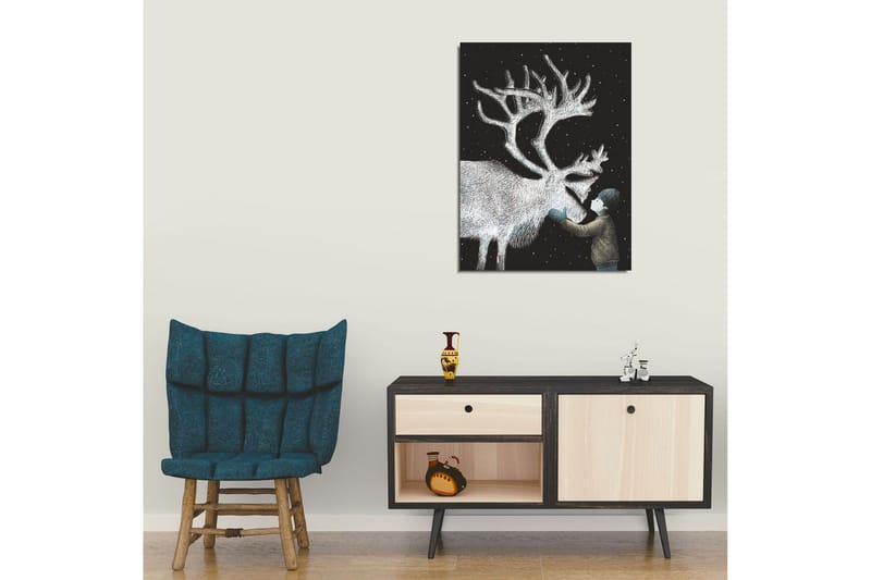 Lite lerretsbilde 30x40 cm - Barn som samhandler med et reinsdyr under stjernehimmelen - Svart / Hvit / Lyseblå - Innredning - Bilder & kunst - Lerretsbilder