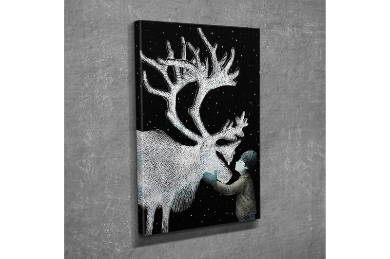 Lite lerretsbilde 30x40 cm - Barn som samhandler med et reinsdyr under stjernehimmelen - Svart / Hvit / Lyseblå - Innredning - Bilder & kunst - Lerretsbilder