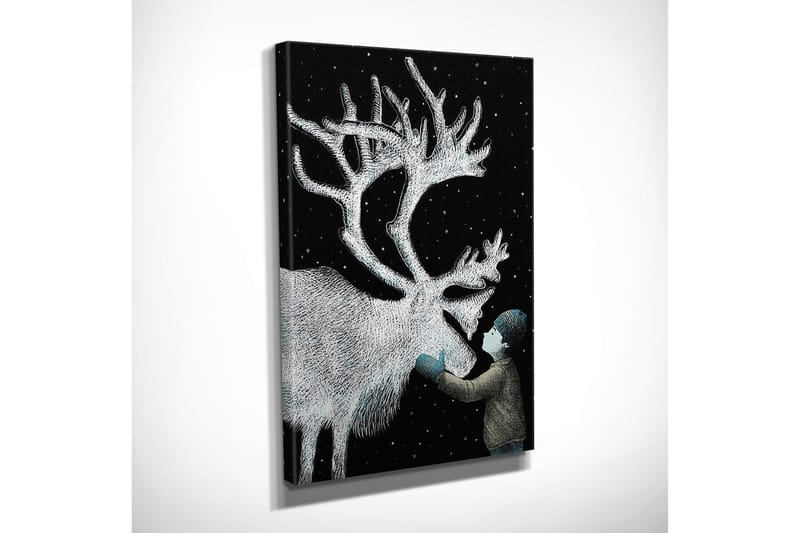 Lite lerretsbilde 30x40 cm - Barn som samhandler med et reinsdyr under stjernehimmelen - Svart / Hvit / Lyseblå - Innredning - Bilder & kunst - Lerretsbilder