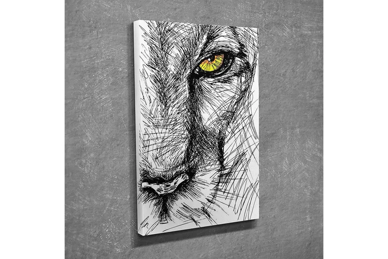 Lite lerretsbilde 30x40 cm - Detaljert skisse av et løvehode med fokus på øyet - Svart / Gul - Innredning - Bilder & kunst - Lerretsbilder