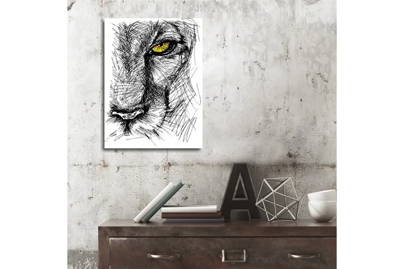 Lite lerretsbilde 30x40 cm - Detaljert skisse av et løvehode med fokus på øyet - Svart / Gul - Innredning - Bilder & kunst - Lerretsbilder