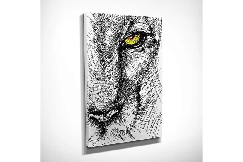 Lite lerretsbilde 30x40 cm - Detaljert skisse av et løvehode med fokus på øyet - Svart / Gul - Innredning - Bilder & kunst - Lerretsbilder