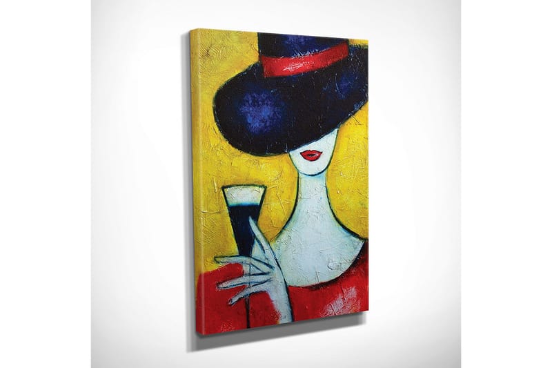 Lite lerretsbilde 30x40 cm - Elegant kvinne med stor hatt og glass i hånden - Mørk blå / Rød / Gul - Innredning - Bilder & kunst - Lerretsbilder