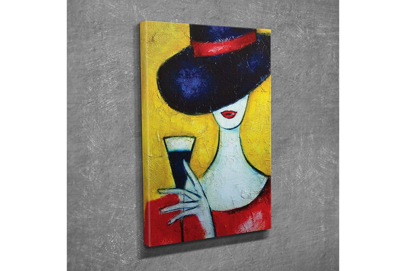 Lite lerretsbilde 30x40 cm - Elegant kvinne med stor hatt og glass i hånden - Mørk blå / Rød / Gul - Innredning - Bilder & kunst - Lerretsbilder