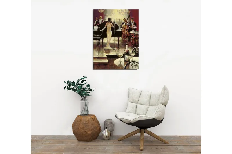 Lite lerretsbilde 30x40 cm - Elegante musikere opptrer i luksuriøse omgivelser - Gull / Svart / Rød - Innredning - Bilder & kunst - Lerretsbilder