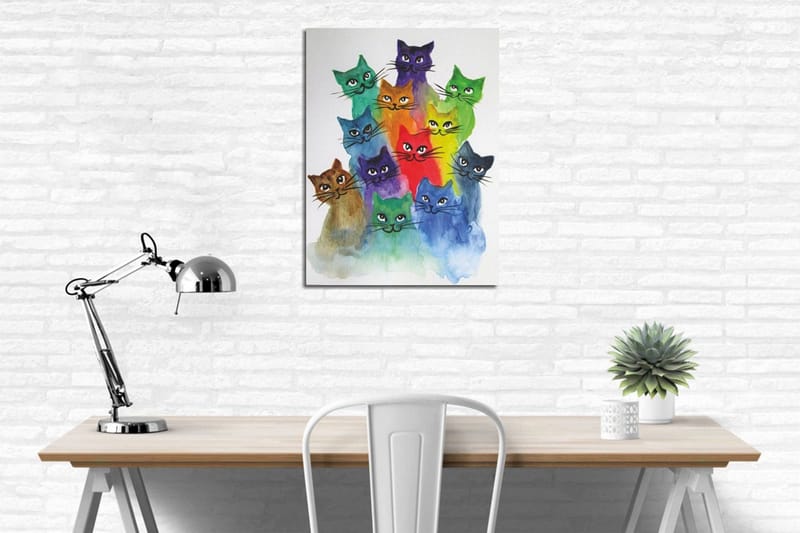 Lite lerretsbilde 30x40 cm - Fargerik samling av katter i forskjellige nyanser - Grønn / Blå / Lilla - Innredning - Bilder & kunst - Lerretsbilder