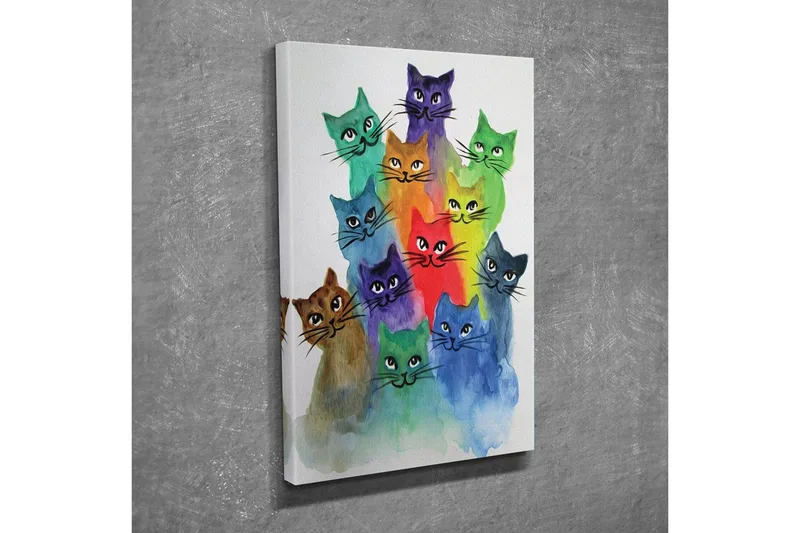Lite lerretsbilde 30x40 cm - Fargerik samling av katter i forskjellige nyanser, Grønn / Blå / Lilla
