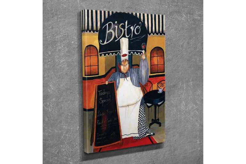 Lite lerretsbilde 30x40 cm - Glad kokk i bistro med en meny i hånden - Rød / Beige / Svart - Innredning - Bilder & kunst - Lerretsbilder