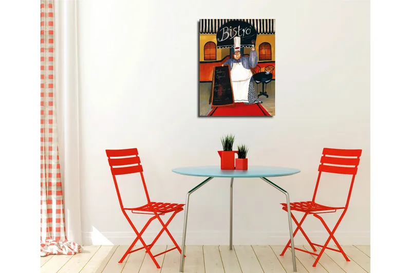 Lite lerretsbilde 30x40 cm - Glad kokk i bistro med en meny i hånden - Rød / Beige / Svart - Innredning - Bilder & kunst - Lerretsbilder