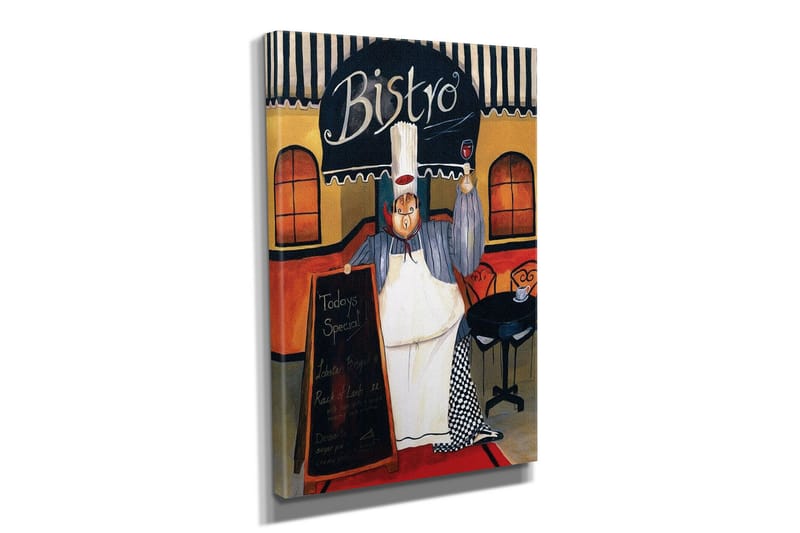 Lite lerretsbilde 30x40 cm - Glad kokk i bistro med en meny i hånden - Rød / Beige / Svart - Innredning - Bilder & kunst - Lerretsbilder