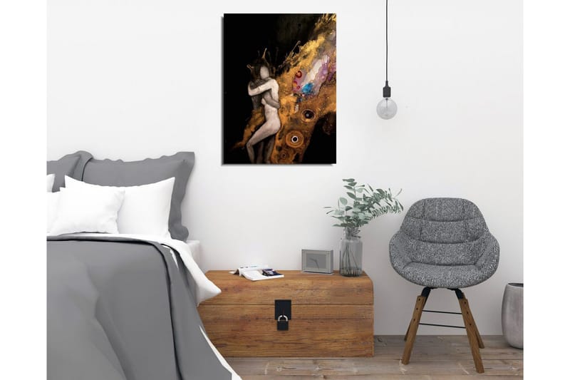 Lite lerretsbilde 30x40 cm - Intimt par i en omfavnende gest med abstrakte elementer - Gull / Svart / Beige - Innredning - Bilder & kunst - Lerretsbilder