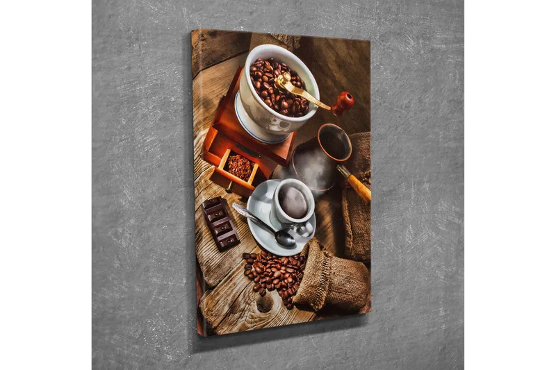 Lite lerretsbilde 30x40 cm - Kaffe- og sjokoladekomposisjon med ristede kaffebønner, Brun / Beige / Svart