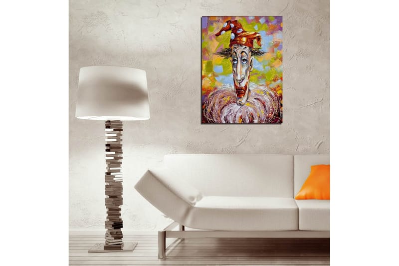 Lite lerretsbilde 30x40 cm - Klovn med uttrykksfullt ansikt og fargerik hatt - Rød / Hvit / Gul - Innredning - Bilder & kunst - Lerretsbilder