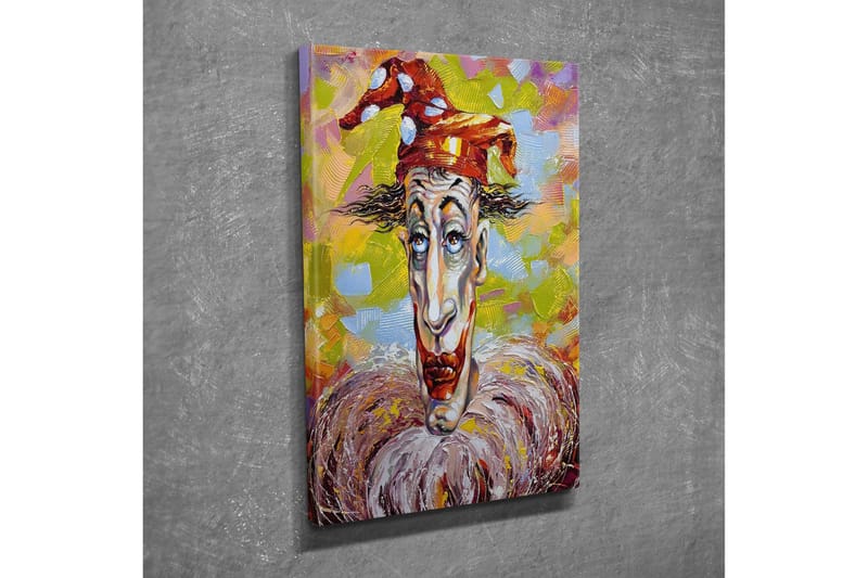 Lite lerretsbilde 30x40 cm - Klovn med uttrykksfullt ansikt og fargerik hatt - Rød / Hvit / Gul - Innredning - Bilder & kunst - Lerretsbilder