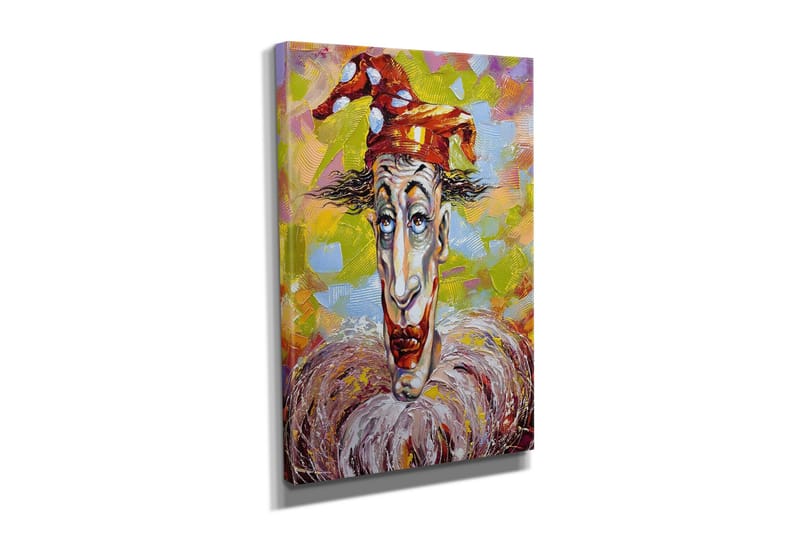 Lite lerretsbilde 30x40 cm - Klovn med uttrykksfullt ansikt og fargerik hatt - Rød / Hvit / Gul - Innredning - Bilder & kunst - Lerretsbilder