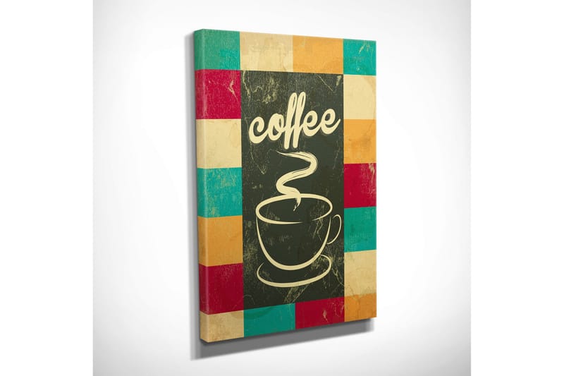 Lite lerretsbilde 30x40 cm - Kopp med rykende varm kaffe og teksten coffee - Mørkegrønn / Turkis / Rød - Innredning - Bilder & kunst - Lerretsbilder
