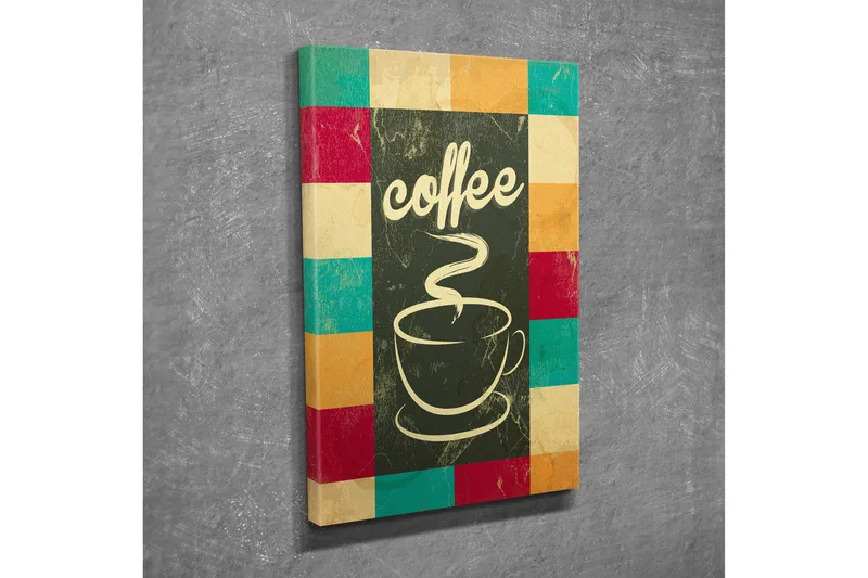 Lite lerretsbilde 30x40 cm - Kopp med rykende varm kaffe og teksten coffee, Mørkegrønn / Turkis / Rød