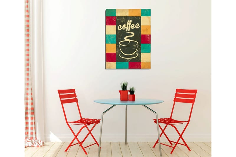 Lite lerretsbilde 30x40 cm - Kopp med rykende varm kaffe og teksten coffee - Mørkegrønn / Turkis / Rød - Innredning - Bilder & kunst - Lerretsbilder