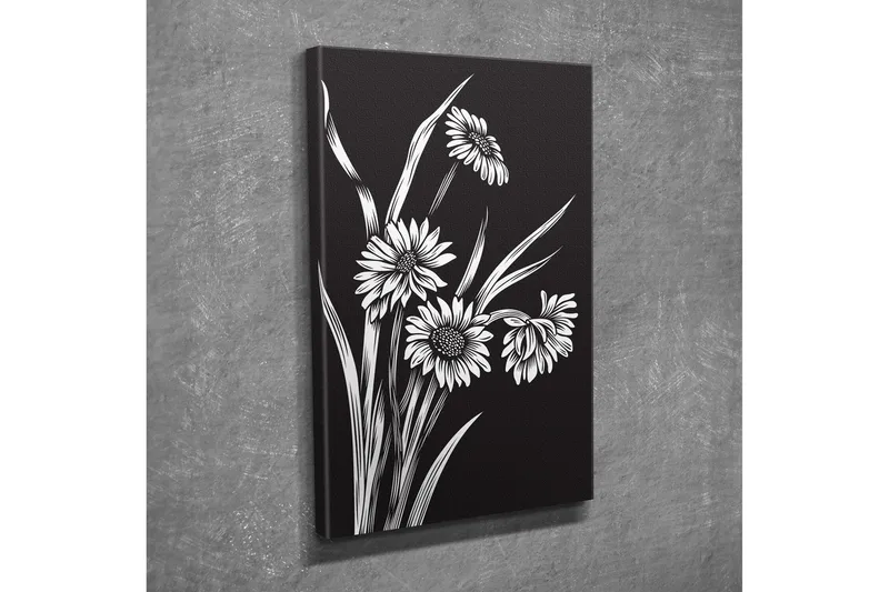 Lite lerretsbilde 30x40 cm - Svart-hvitt blomsterkomposisjon med stiliserte blomster og grøntområder - Svart / Hvit - Innredning - Bilder & kunst - Lerretsbilder