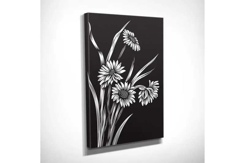 Lite lerretsbilde 30x40 cm - Svart-hvitt blomsterkomposisjon med stiliserte blomster og grøntområder - Svart / Hvit - Innredning - Bilder & kunst - Lerretsbilder