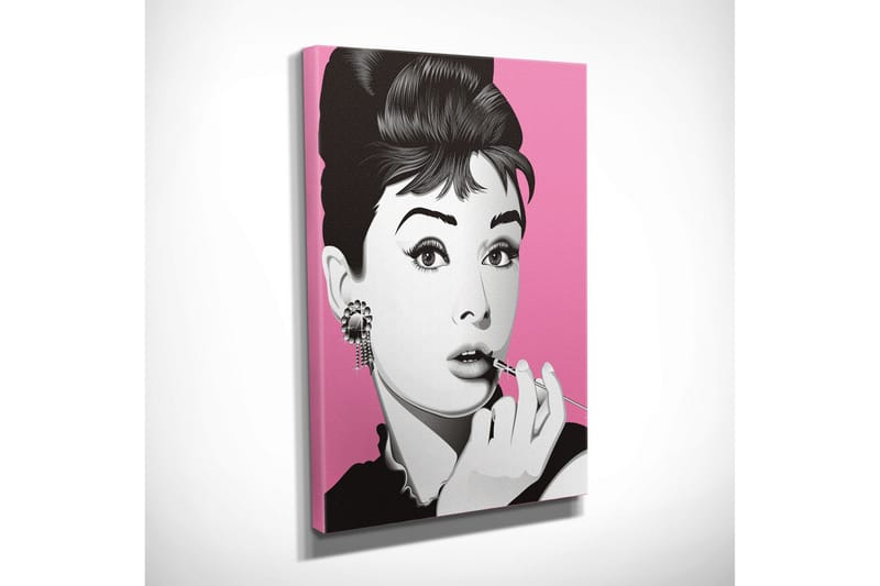 Lite lerretsbilde 30x40 cm - Portrett av en elegant kvinne med leppestift og store øredobber - Rosa / Svart / Hvit - Innredning - Bilder & kunst - Lerretsbilder