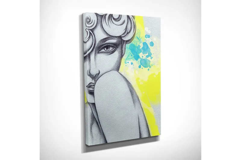 Lite lerretsbilde 30x40 cm - Portrett av en kvinne med et mystisk blikk og stilisert hår - Grå / Gul / Turkis - Innredning - Bilder & kunst - Lerretsbilder
