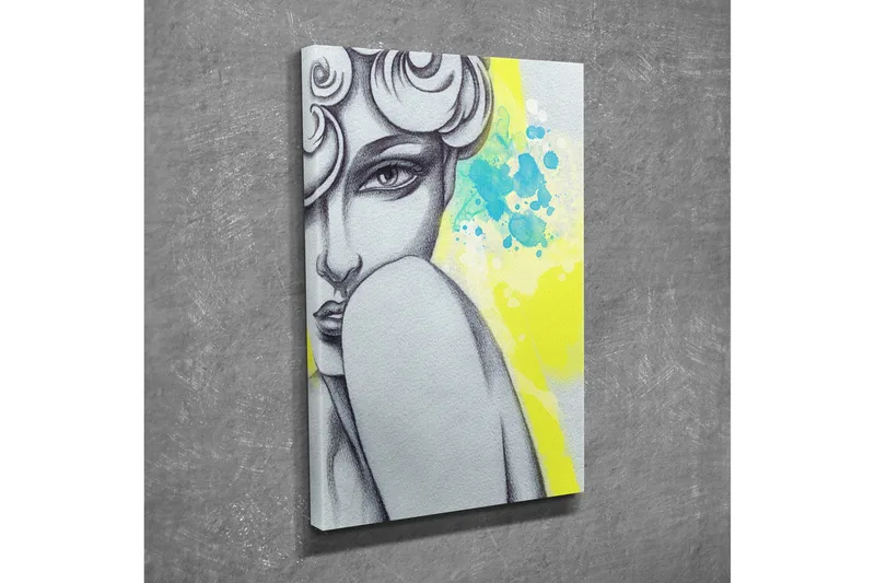 Lite lerretsbilde 30x40 cm - Portrett av en kvinne med et mystisk blikk og stilisert hår - Grå / Gul / Turkis - Innredning - Bilder & kunst - Lerretsbilder