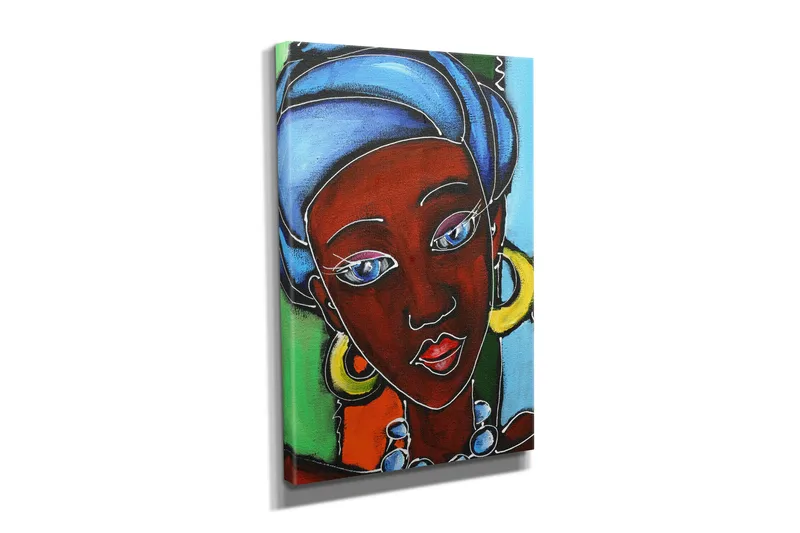 Lite lerretsbilde 30x40 cm - Portrett av en kvinne med fargerik hodepryd og smykker - Mørk rød / Blå / Grønn - Innredning - Bilder & kunst - Lerretsbilder