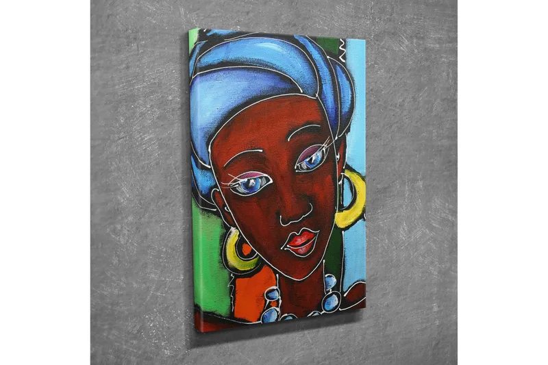 Lite lerretsbilde 30x40 cm - Portrett av en kvinne med fargerik hodepryd og smykker - Mørk rød / Blå / Grønn - Innredning - Bilder & kunst - Lerretsbilder