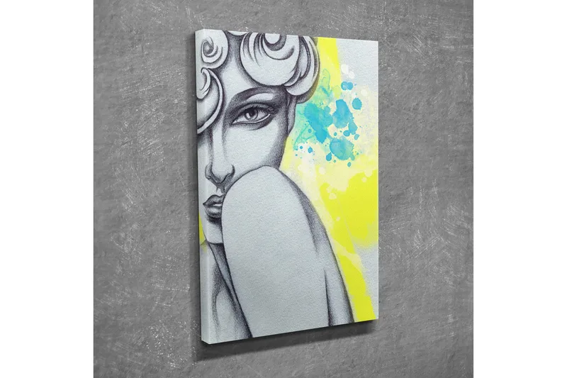 Lite lerretsbilde 30x40 cm - Portrett av en kvinne med et mystisk blikk og stilisert hår - Grå / Gul / Turkis - Innredning - Bilder & kunst - Lerretsbilder