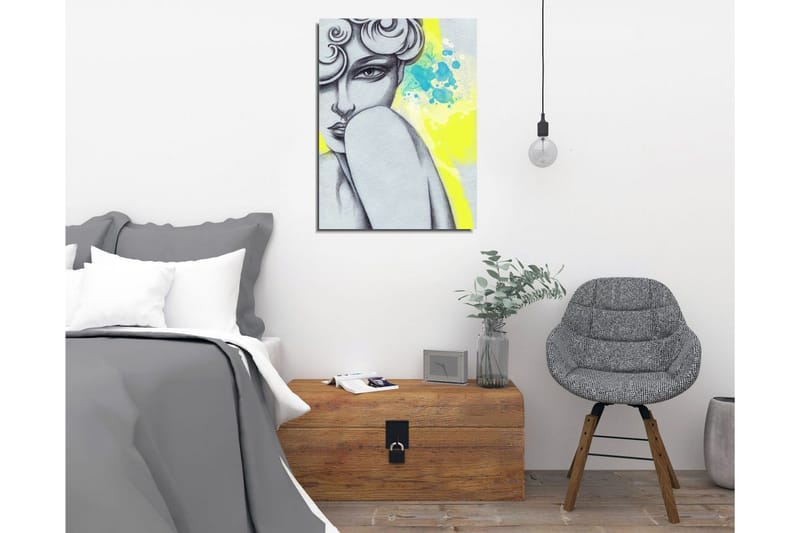 Lite lerretsbilde 30x40 cm - Portrett av en kvinne med et mystisk blikk og stilisert hår - Grå / Gul / Turkis - Innredning - Bilder & kunst - Lerretsbilder