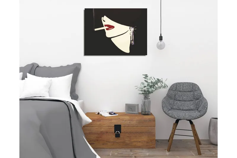 Lite lerretsbilde 40x30 cm - Stilisert kvinneansikt med sigarett og rød leppestift - Svart / Hvit / Rød - Innredning - Bilder & kunst - Lerretsbilder