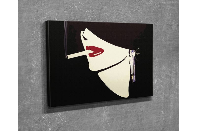 Lite lerretsbilde 40x30 cm - Stilisert kvinneansikt med sigarett og rød leppestift - Svart / Hvit / Rød - Innredning - Bilder & kunst - Lerretsbilder