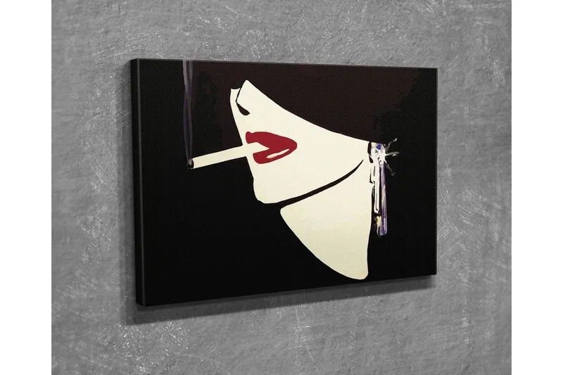 Lite lerretsbilde 40x30 cm - Stilisert kvinneansikt med sigarett og rød leppestift - Svart / Hvit / Rød - Innredning - Bilder & kunst - Lerretsbilder