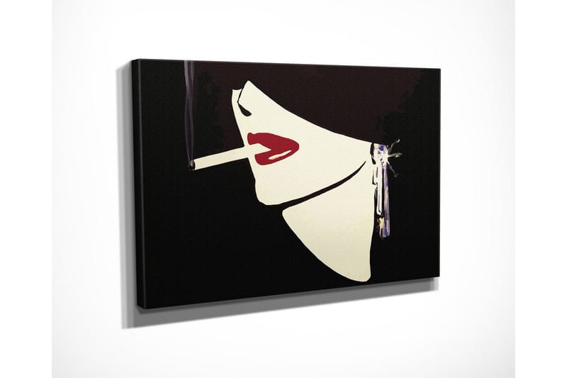 Lite lerretsbilde 40x30 cm - Stilisert kvinneansikt med sigarett og rød leppestift - Svart / Hvit / Rød - Innredning - Bilder & kunst - Lerretsbilder