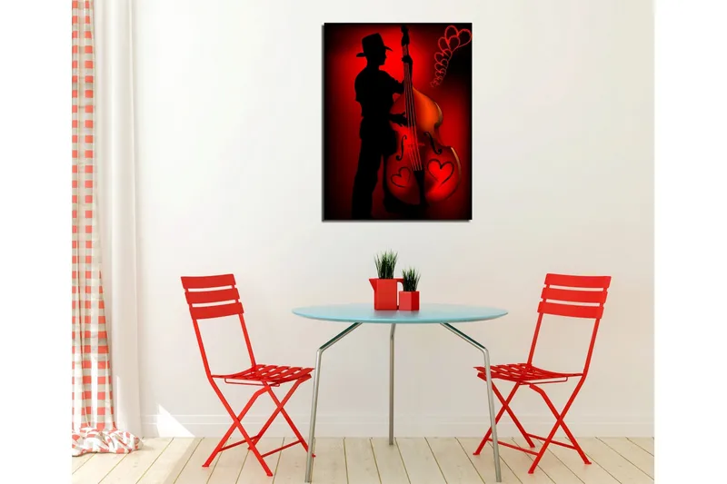 Liten lerretsbilde 30x40 cm - Silhuett av en musiker som spiller kontrabass med hjerteformede detaljer - Rød / Svart - Innredning - Bilder & kunst - Lerretsbilder